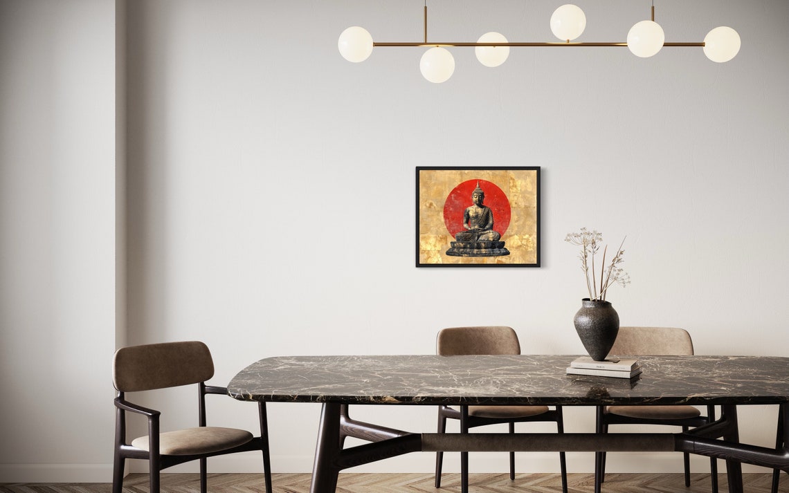 Seated Meditating Buddha Before Red Sun Gold Leaf Zen Art Poster - Image 2
