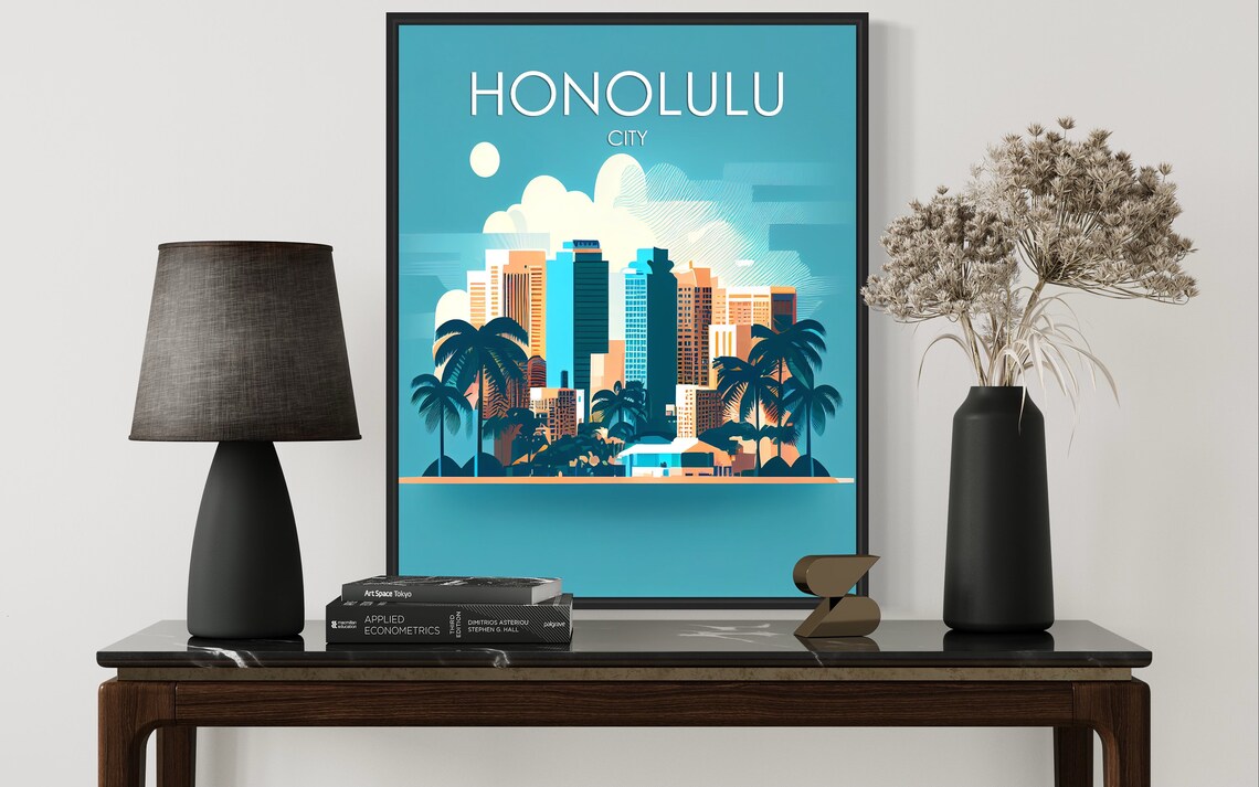 Honolulu City Skyline Tropical Palm Trees Retro Travel Poster - Image 2