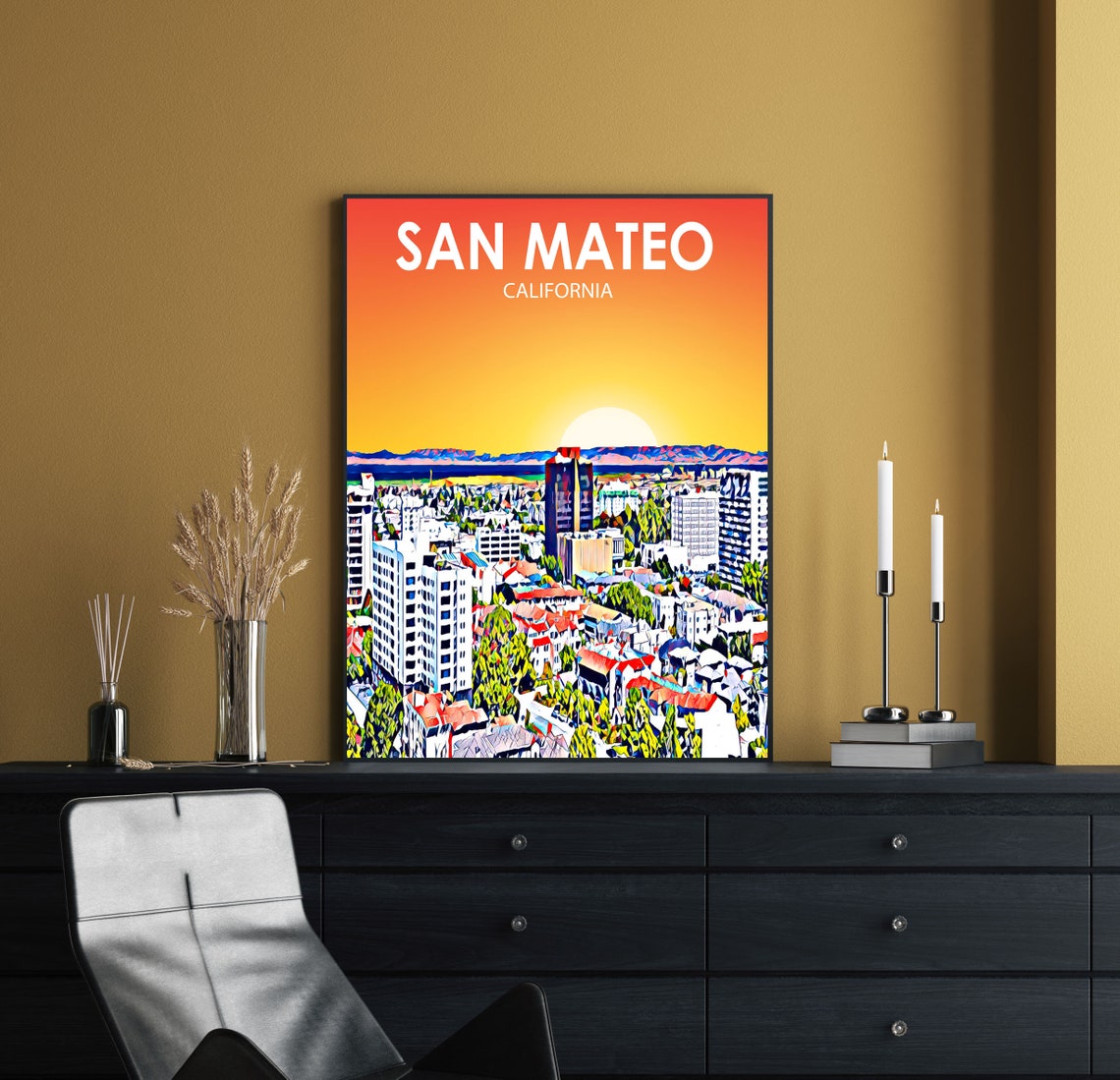 San Mateo California Sunset Downtown Skyline Painted Artwork Poster - Image 2