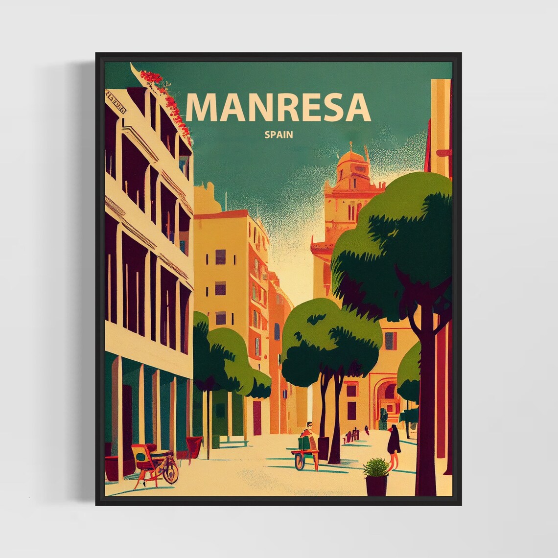 Manresa Spain Cathedral Tree Lined Vintage Street Travel Poster