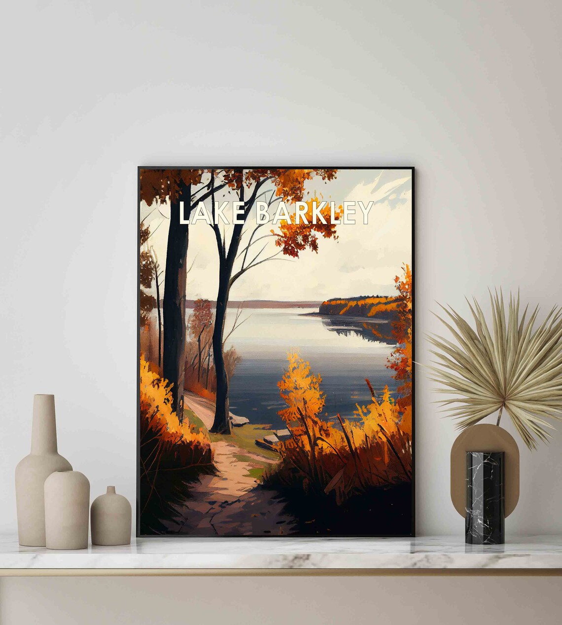 Autumn Lakeshore Golden Foliage Path Retro Travel Scene Poster - Image 3