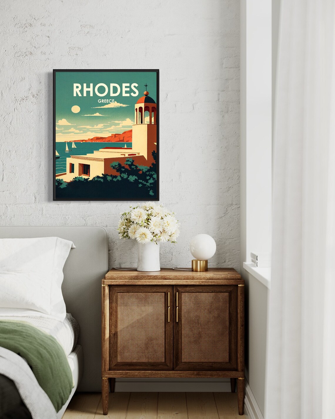 Rhodes Greece Coastal Bell Tower Sailboats Vintage Travel Poster - Image 3