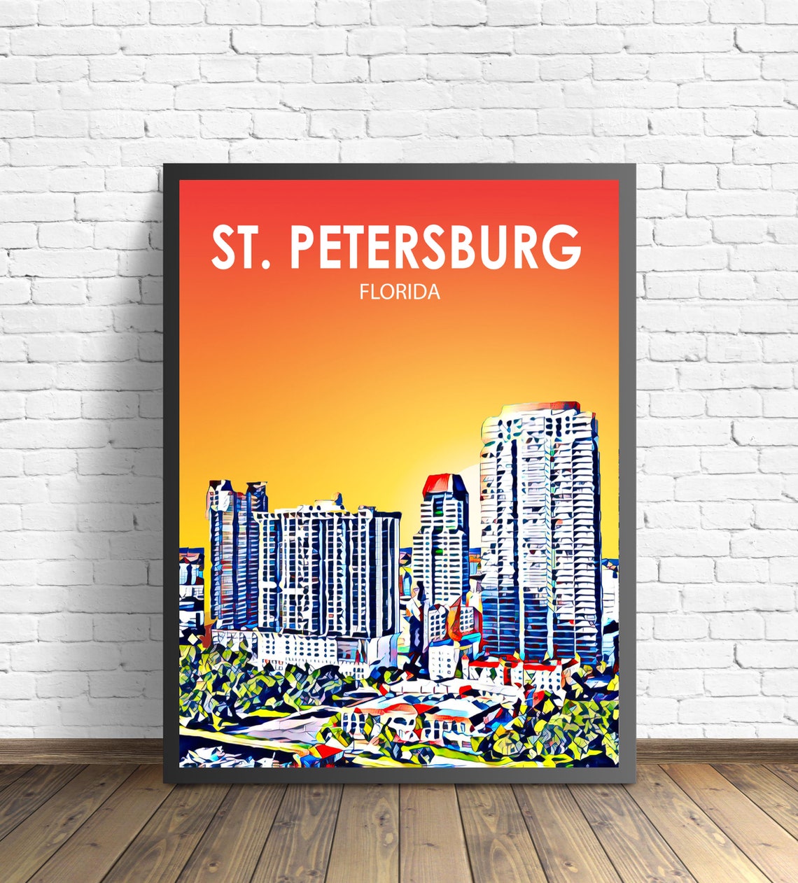 St Petersburg Fl Art Poster Florida Sunset Landscape Poster Print St Petersburg City Wall Art Colorful Skyline Sketch Photo