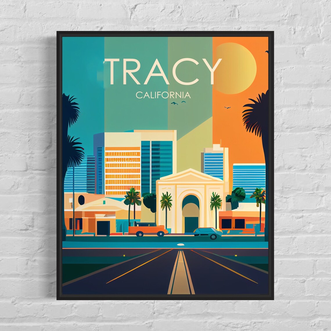 Tracy California Palm Avenue Sunset Cityscape Vintage Poster