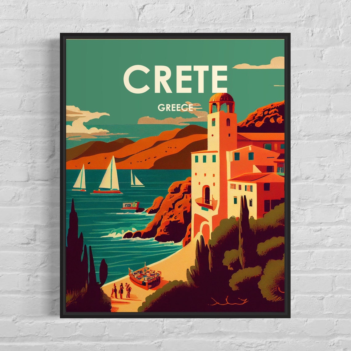 Crete Greece Cliffside Sailboats Vintage Seaside Poster Artwork