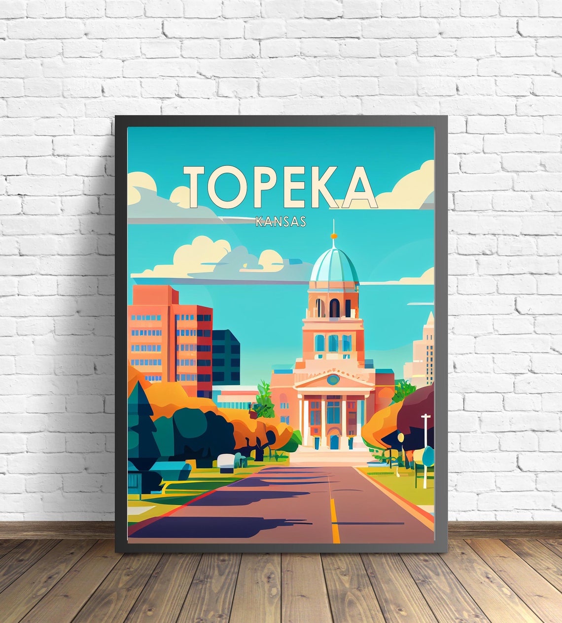Topeka Kansas State Capitol Dome Sunny Downtown Travel Poster
