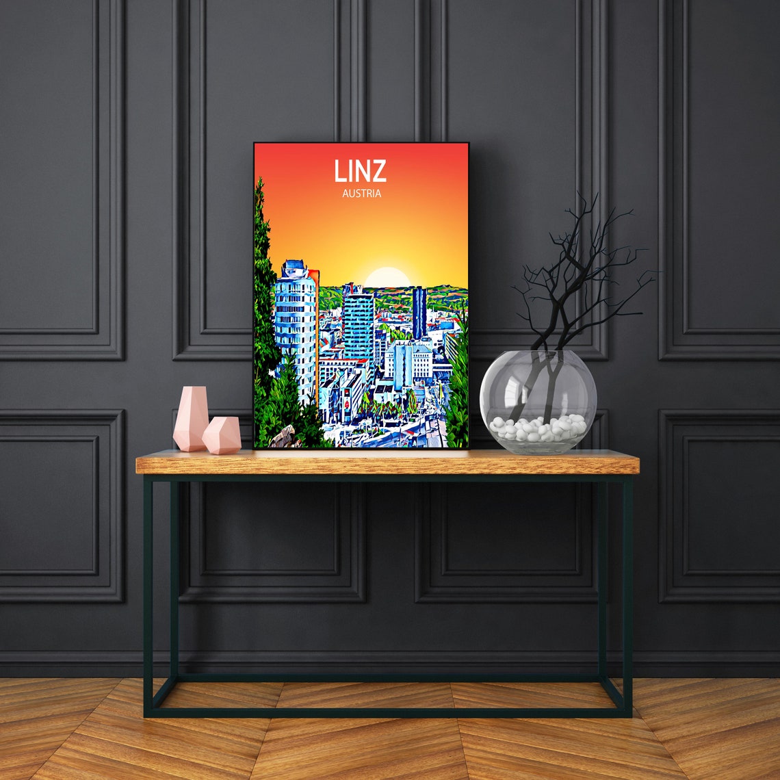 Linz Austria Sunset Skyline Vibrant Mosaic Cityscape Art Poster - Image 3