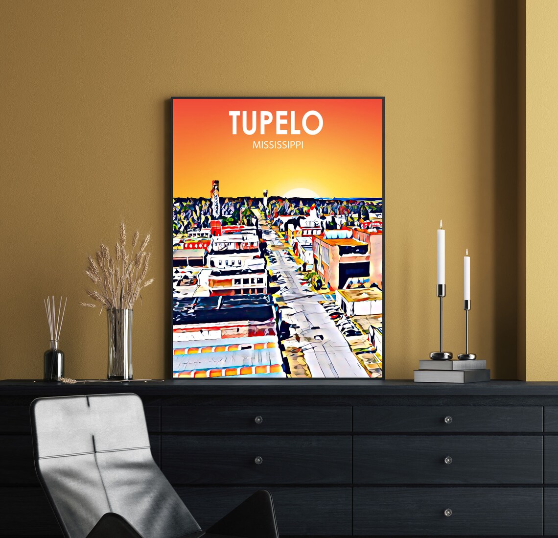 Tupelo Mississippi Sunset Downtown Aerial Cityscape Travel Poster - Image 2
