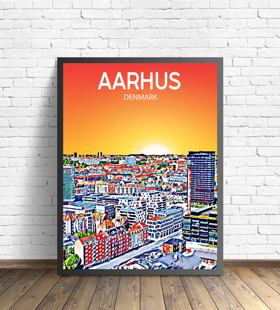 Aarhus Denmark Sunset Cityscape Modern Colorful Travel Art Poster