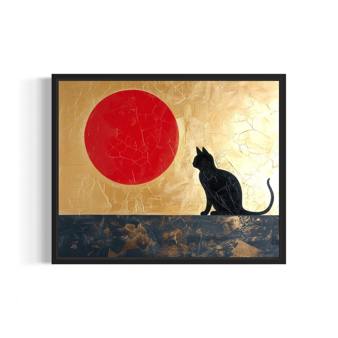 Black Cat Silhouette Gazing at Red Sun Minimalist Art Poster