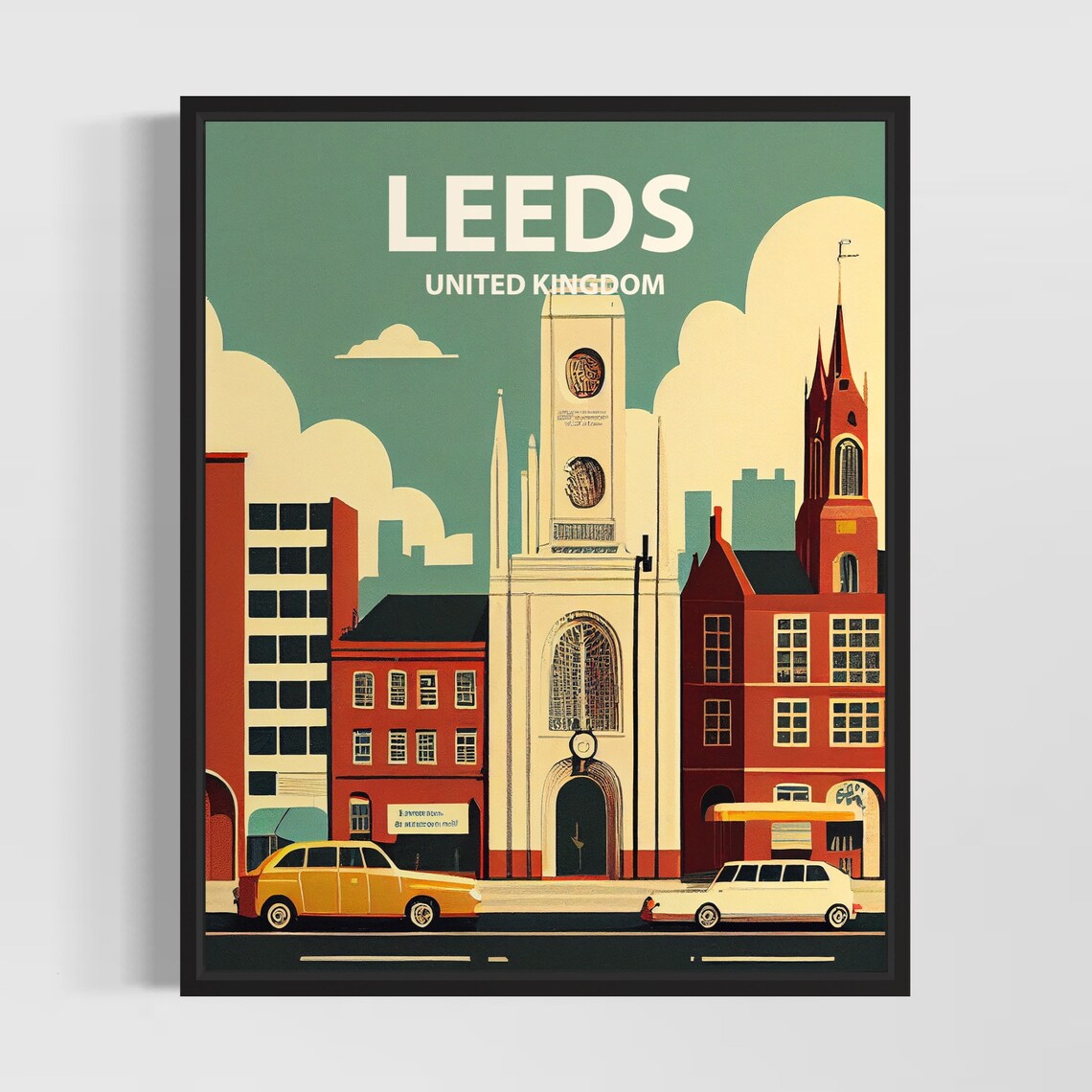 Leeds United Kingdom Historic City Center Retro Travel Poster