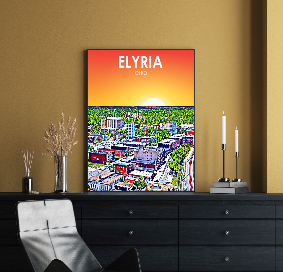 Elyria Ohio Sunset Downtown Colorful Aerial Cityscape Skyline Poster - Image 2