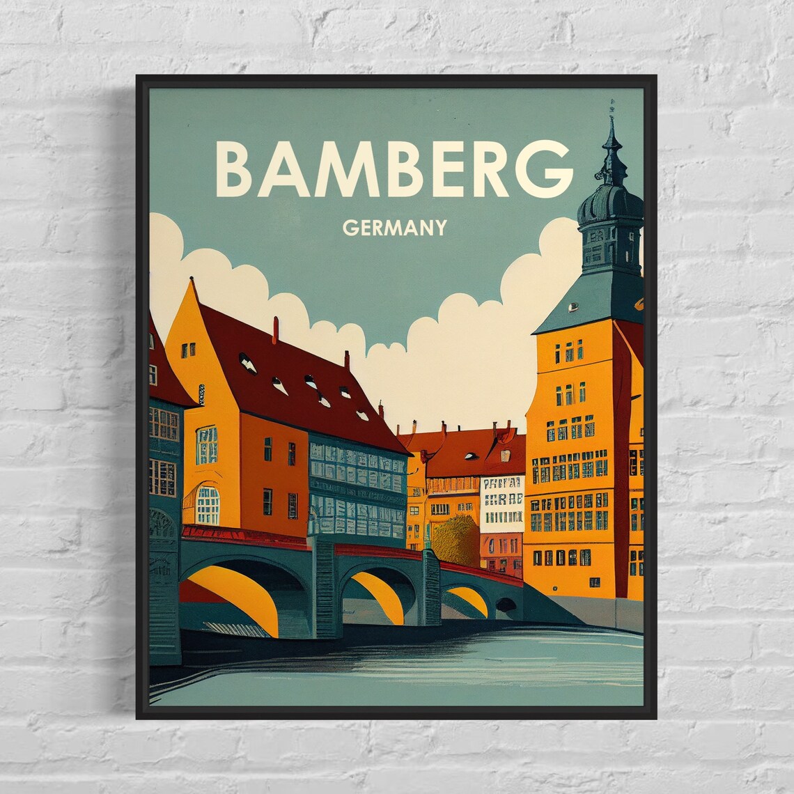 Bamberg Germany Riverside Old Town Bridge Retro Travel Poster