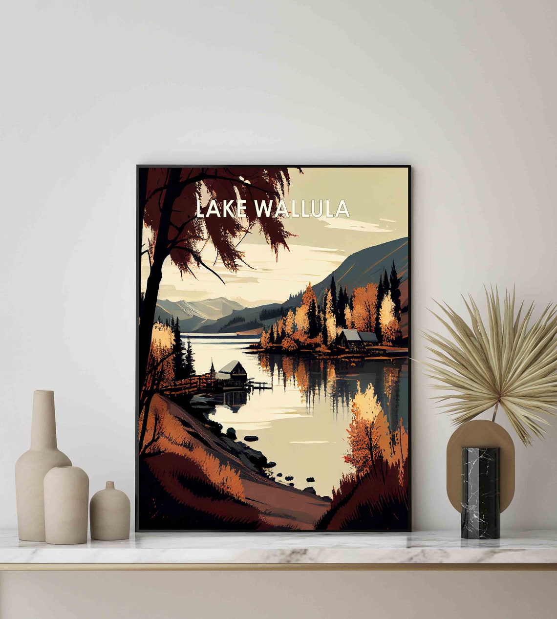 Lake Wallula Oregon Retro Poster with a Boathouse and Mountain Lake - Image 2