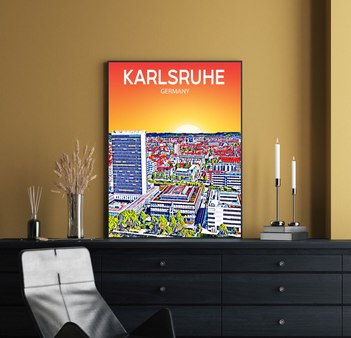 Colorful Karlsruhe Germany Sunset Skyline Modern Tower Sketch Poster - Image 2