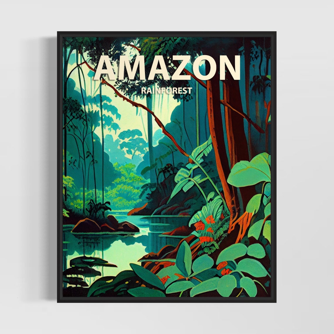 Amazon Rainforest Jungle River Sunlight Retro Illustration Poster