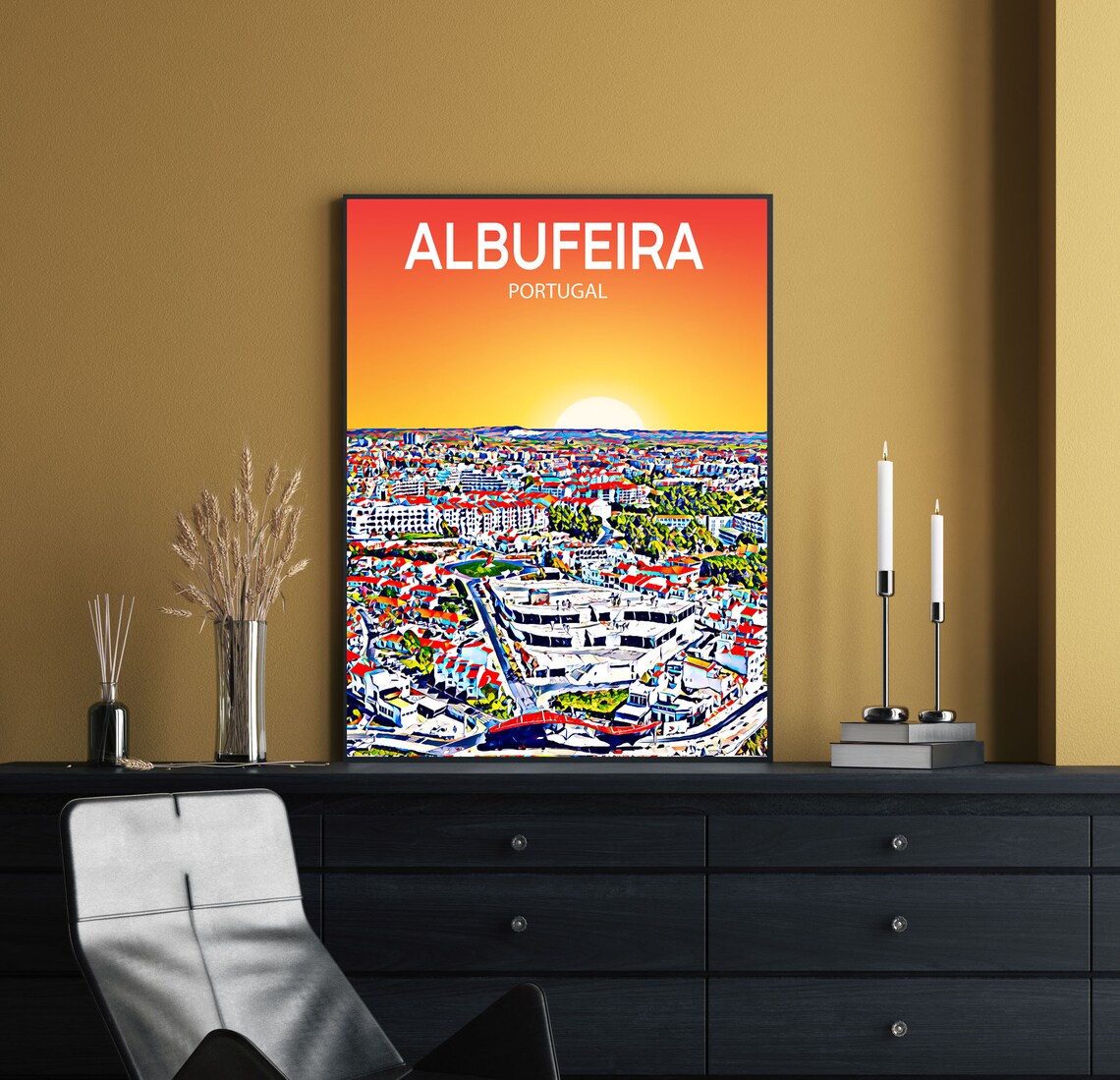 Albufeira Portugal Sunset Skyline Resort Sketch Travel Poster Art - Image 2