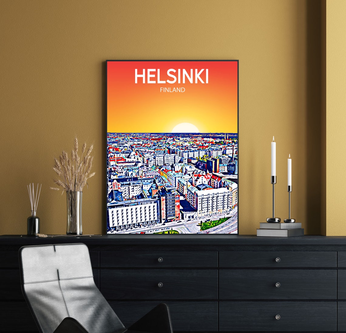 Helsinki Finland Sunset Skyline Vibrant Mosaic Cityscape Art Poster - Image 2