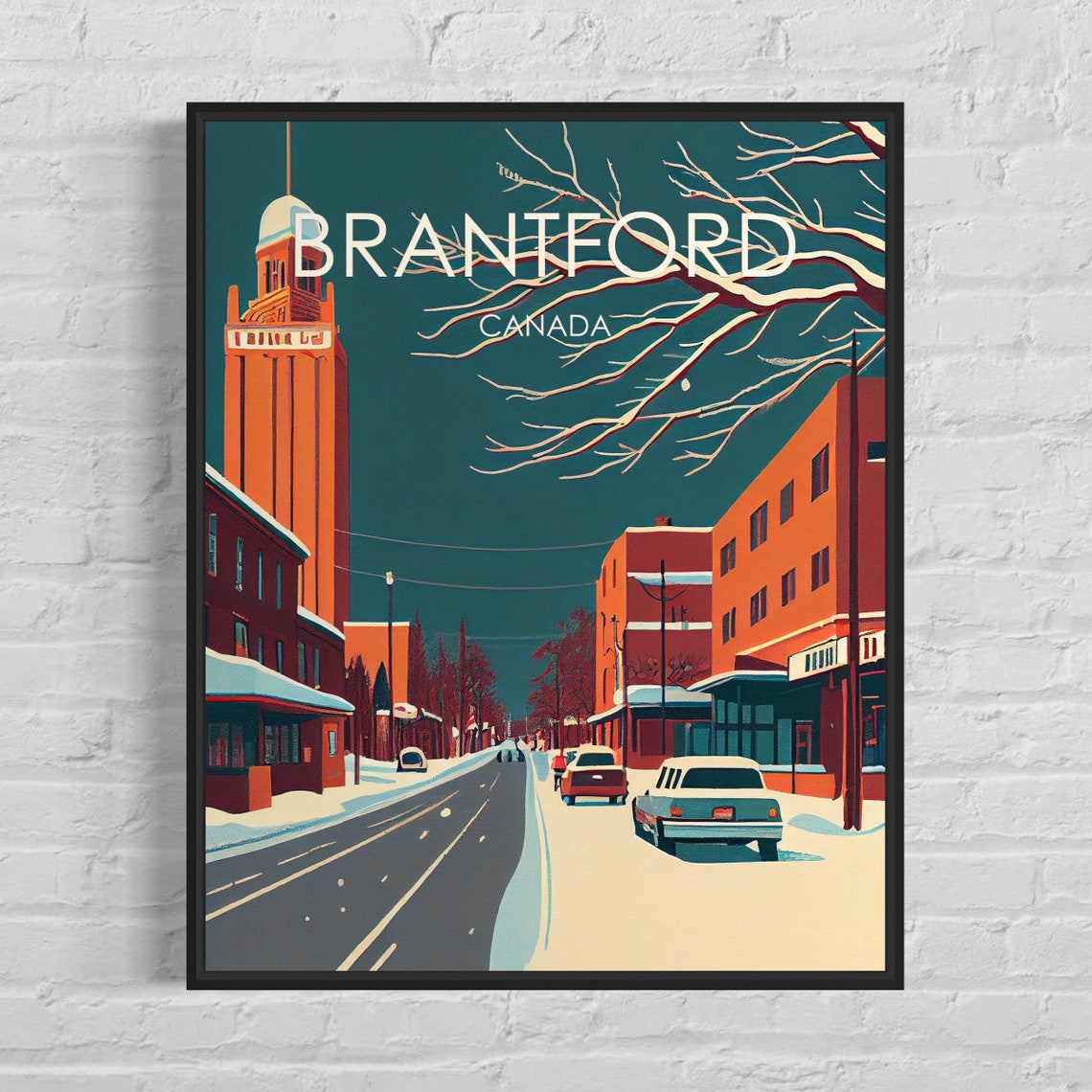 Brantford Canada Retro Snowy Winter Street Evening Glow Poster