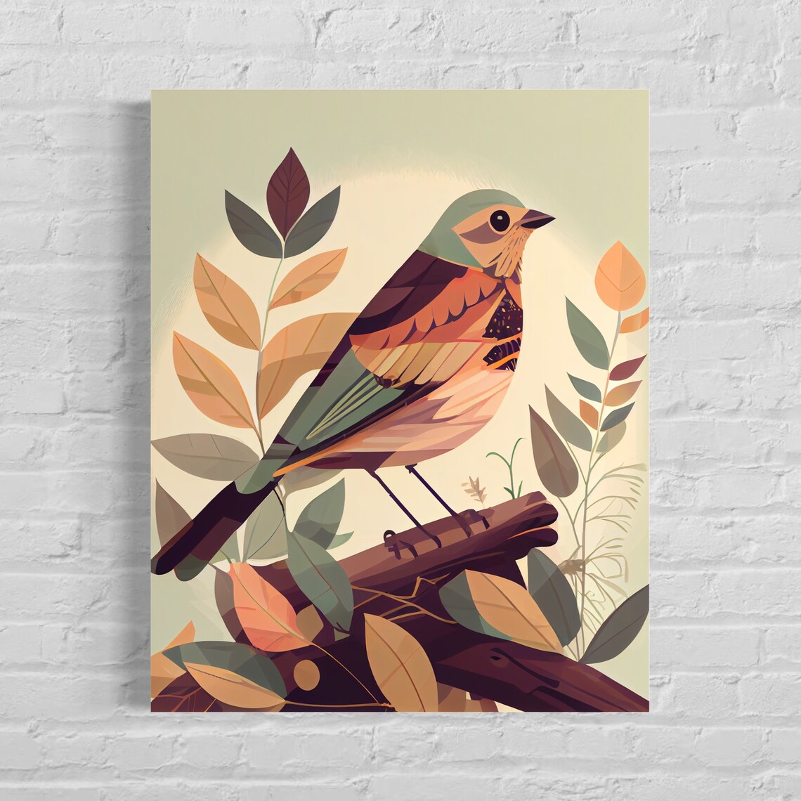 Colorful Tanager Songbird With Autumn Leaves Retro Art Poster