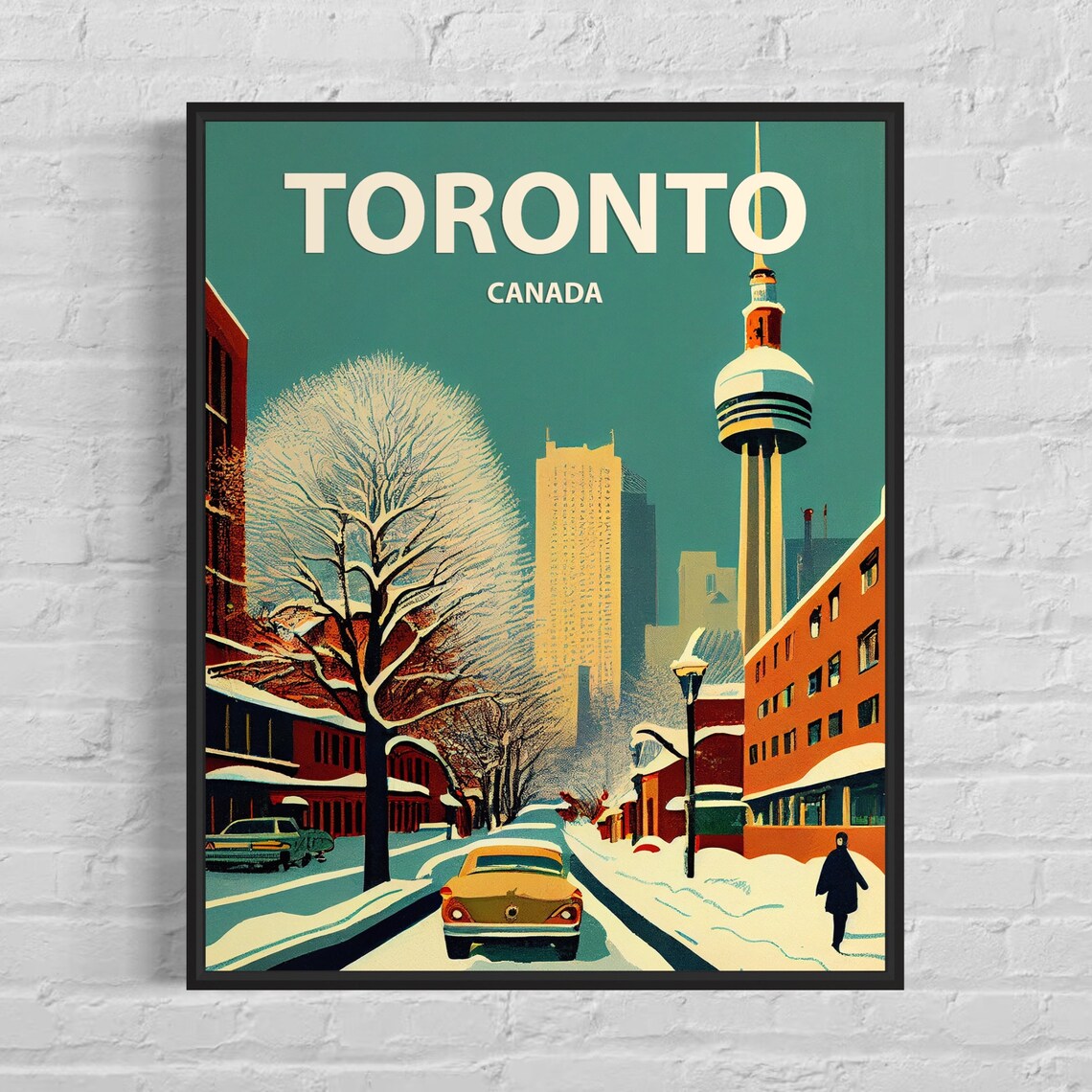 Toronto Canada CN Tower on Snowy Winter Street Retro Travel Poster