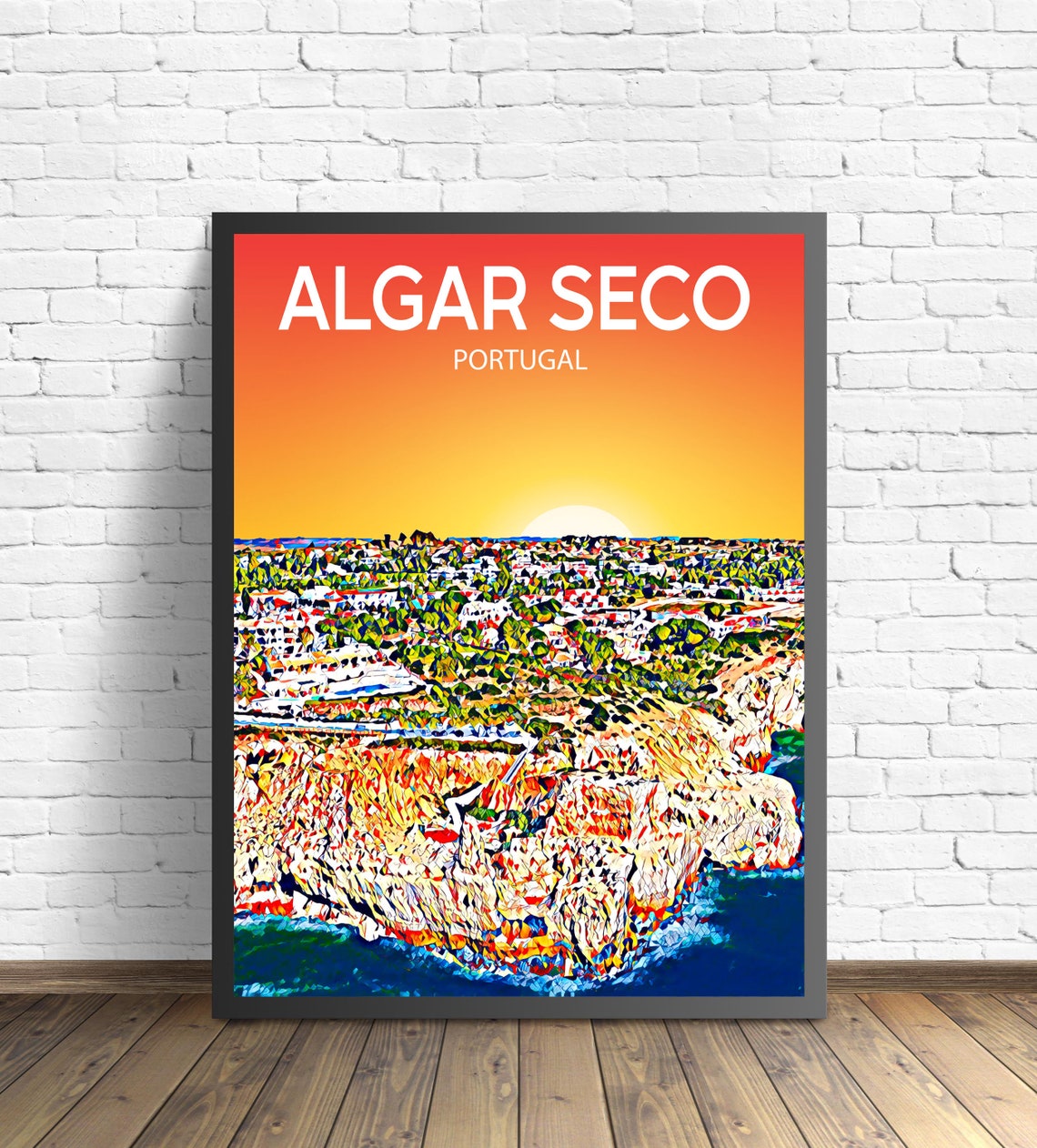 Algar Seco Portugal Sunset Cliffs Coastal Sketch Poster Art Gift