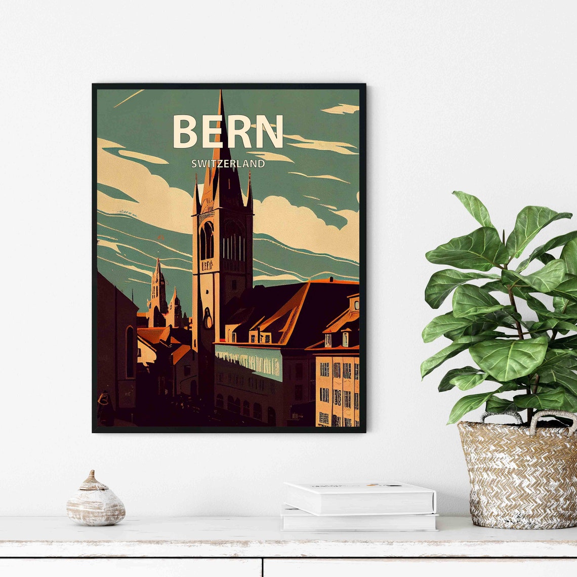 Bern Switzerland Cathedral Spires Dusk Vintage Travel Scene Poster - Image 3