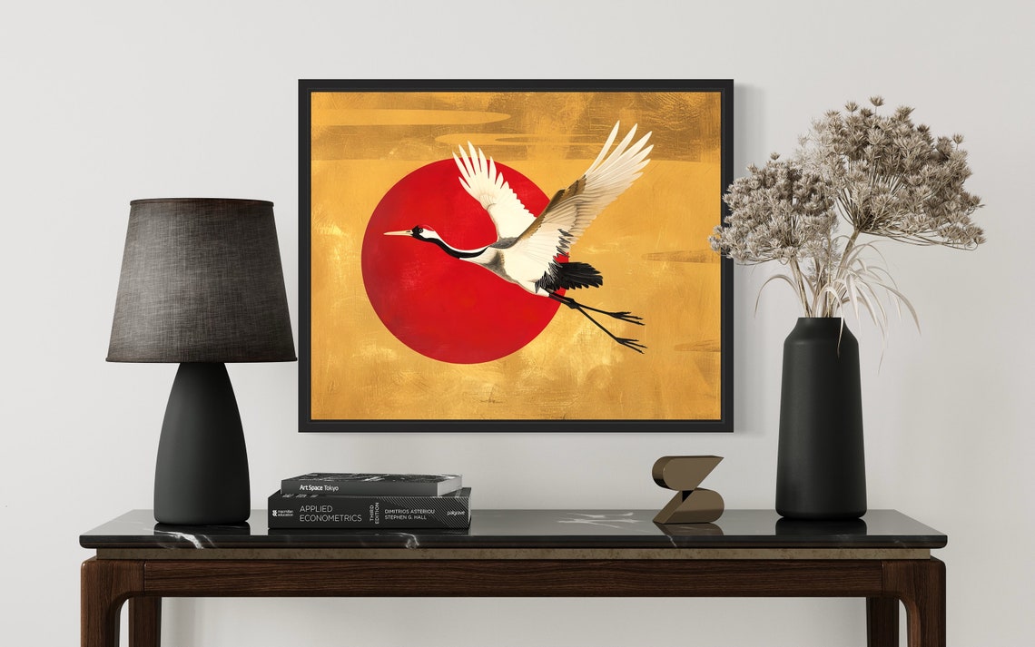 Red Crowned Crane in Flight Against Red Sun Asian Gold Poster - Image 2