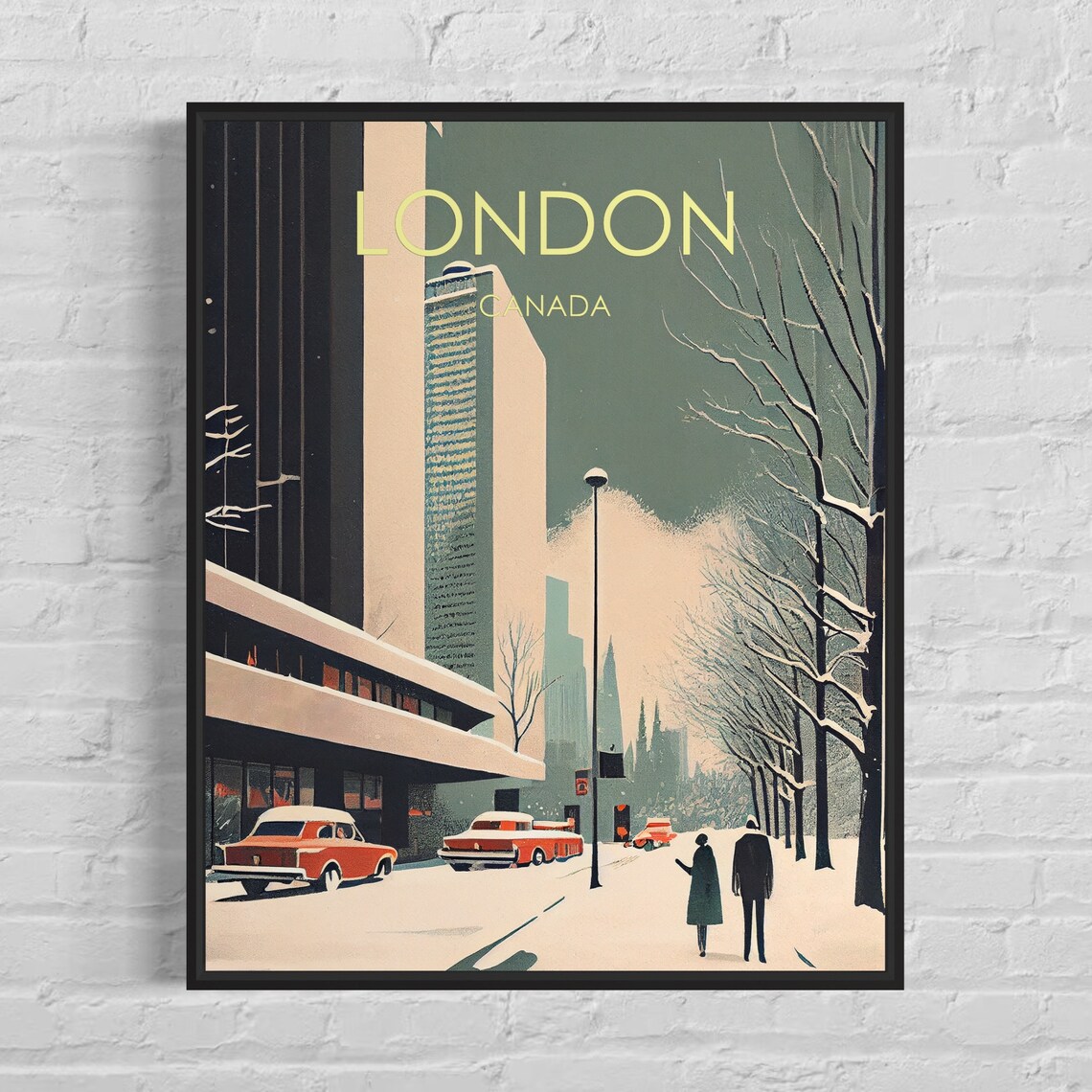 London Ontario Snowy Downtown Street Vintage Winter Travel Poster