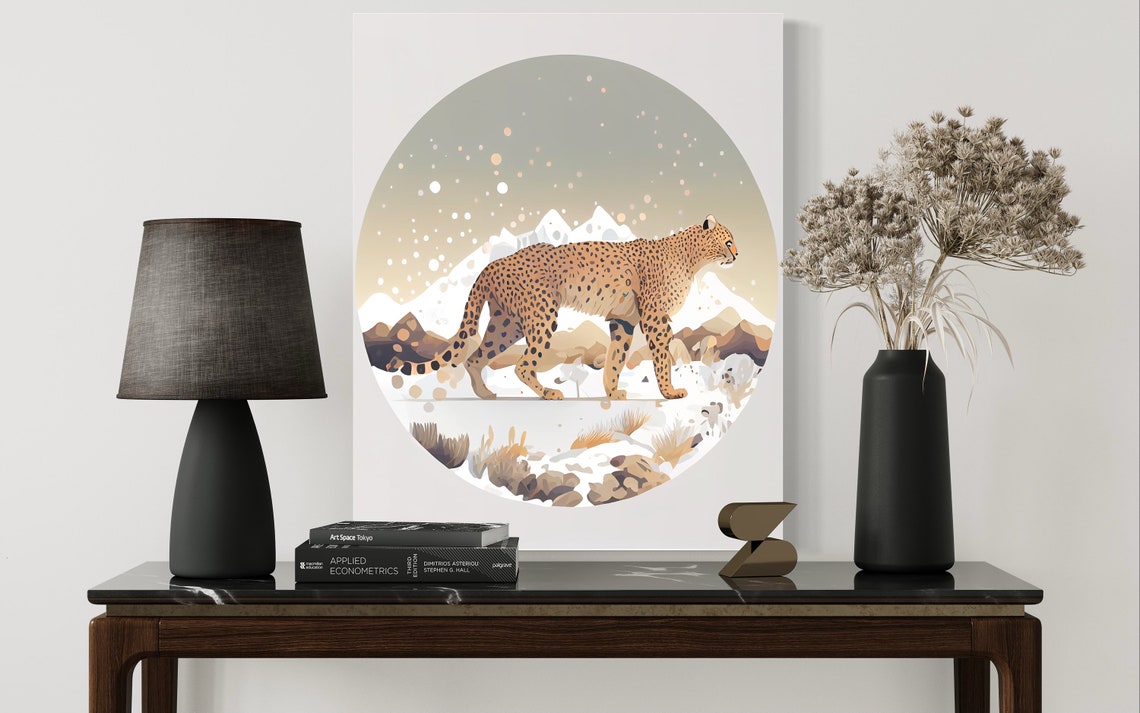 Leopard Walking Through Snowy Mountain Landscape Wildlife Art Poster - Image 2