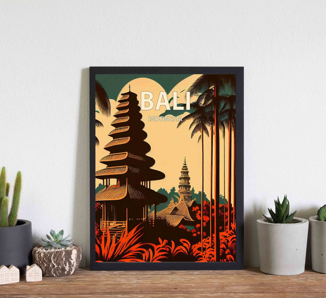 Bali Indonesia Balinese Temple Silhouette Palm Grove Travel Poster - Image 3