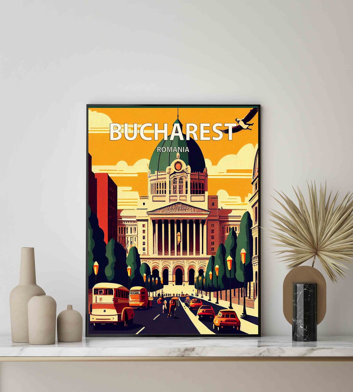 Bucharest Romania Vintage Retro Landmark Street Scene Travel Poster