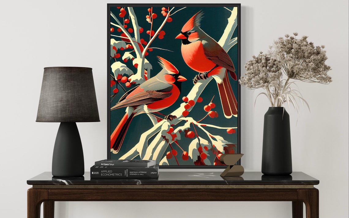 Northen Cardinals Retro Art Print Northen Cardinals Illustration Northen Cardinals Vintage Minimal Design Poster - Image 2