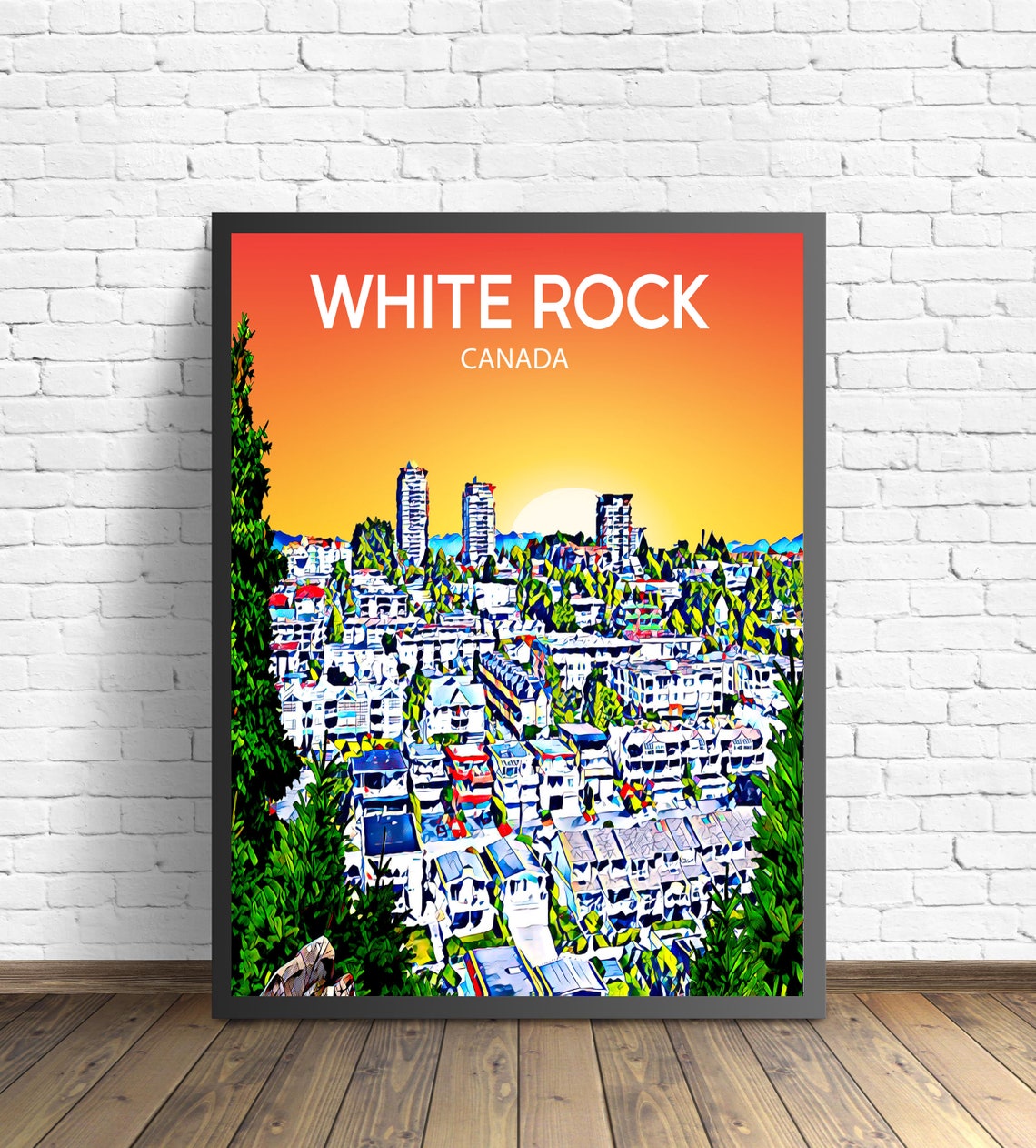 White Rock Canada Sunset Skyline Panorama Seaside Travel Poster