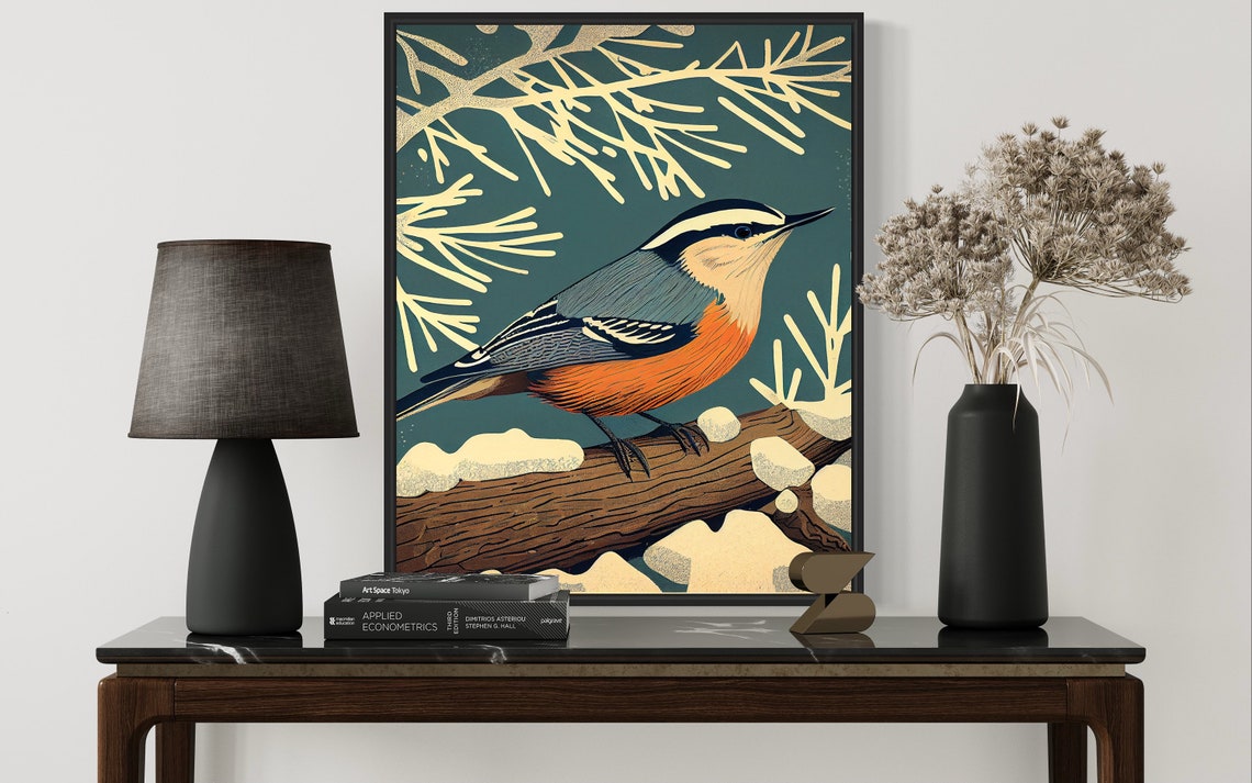 Nuthatch Bird Retro Snowy Winter Branch Portrait Illustration Poster - Image 3