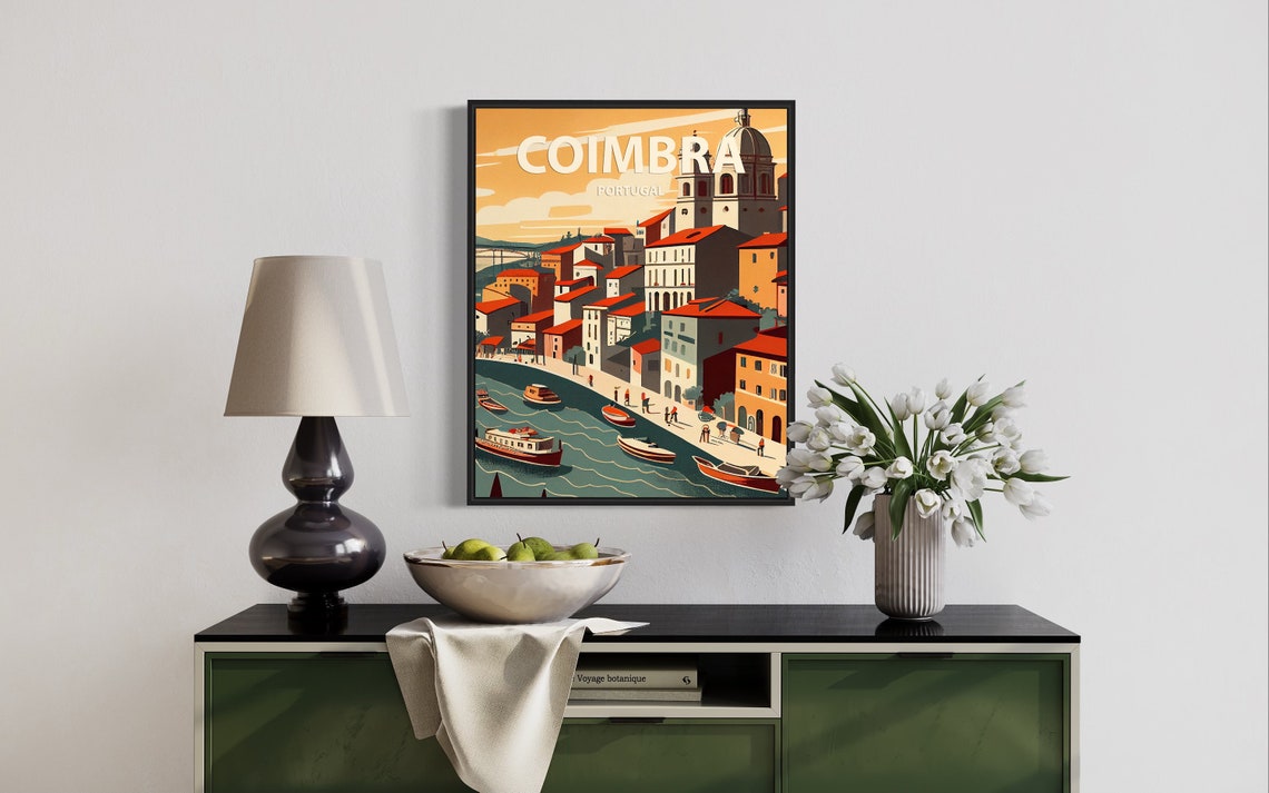 Coimbra Portugal Riverside Old Town Red Roofs Retro Art Poster - Image 3