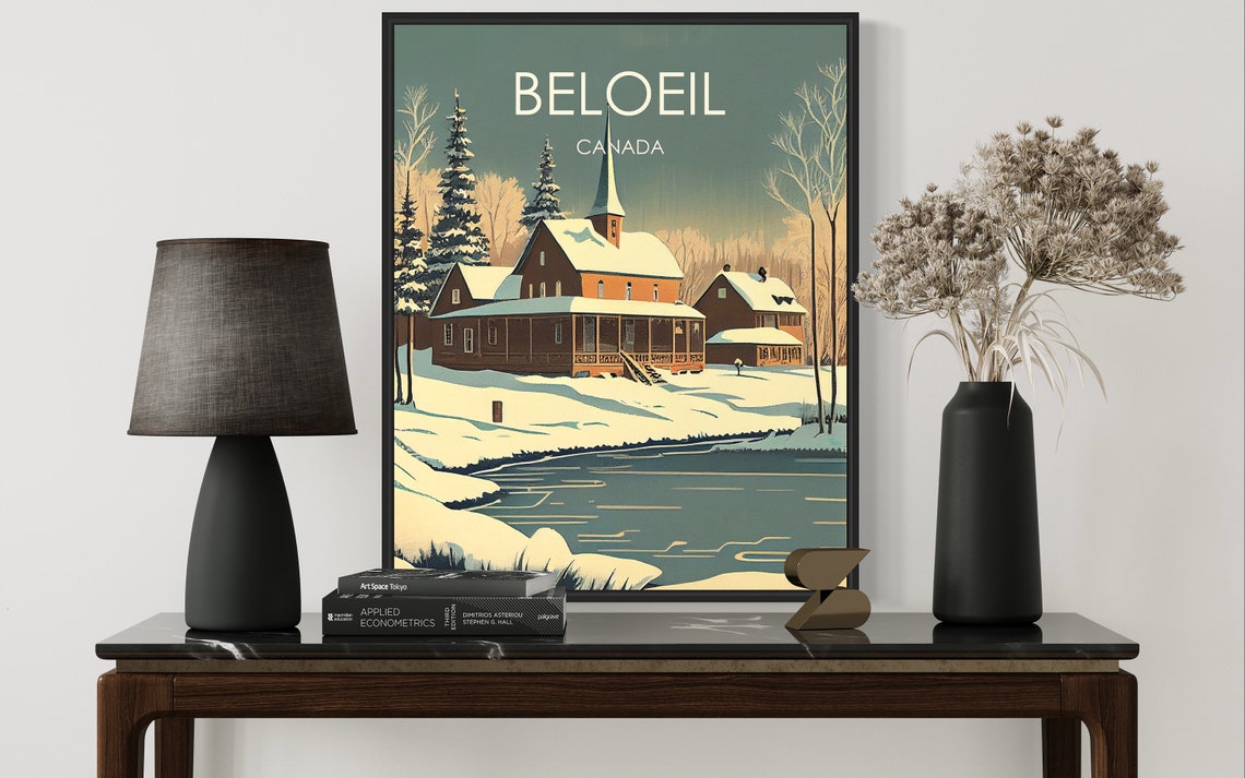 Beloeil Canada Snowy Church by the Water Vintage Winter Poster - Image 2