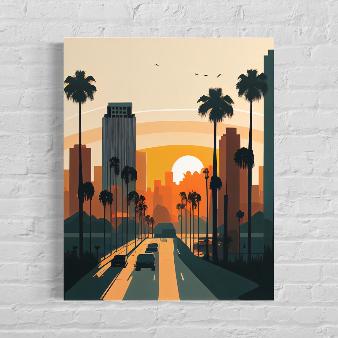 Los Angeles Sunset Palm Tree Boulevard Downtown Skyline Poster