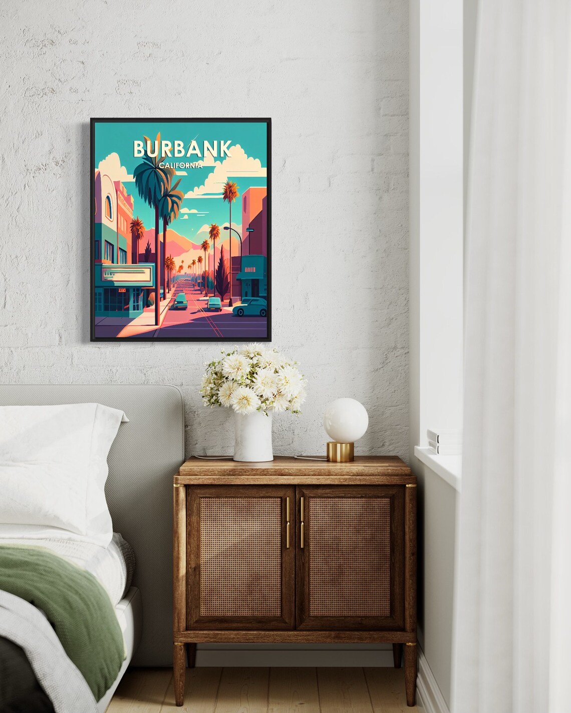 Burbank California Palm Lined Street Pink Teal Retro Travel Poster - Image 2
