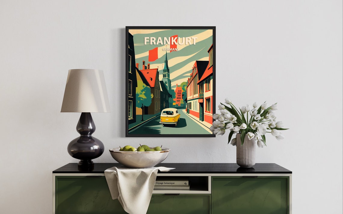 Frankurt Germany Retro Old Town Cobblestone Street Vintage Poster - Image 3