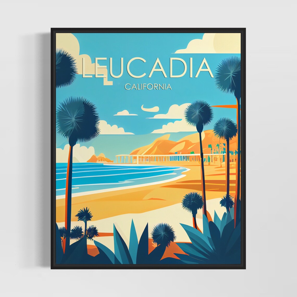 Leucadia California Surf Beach with Palms and Pier Retro Travel Poster