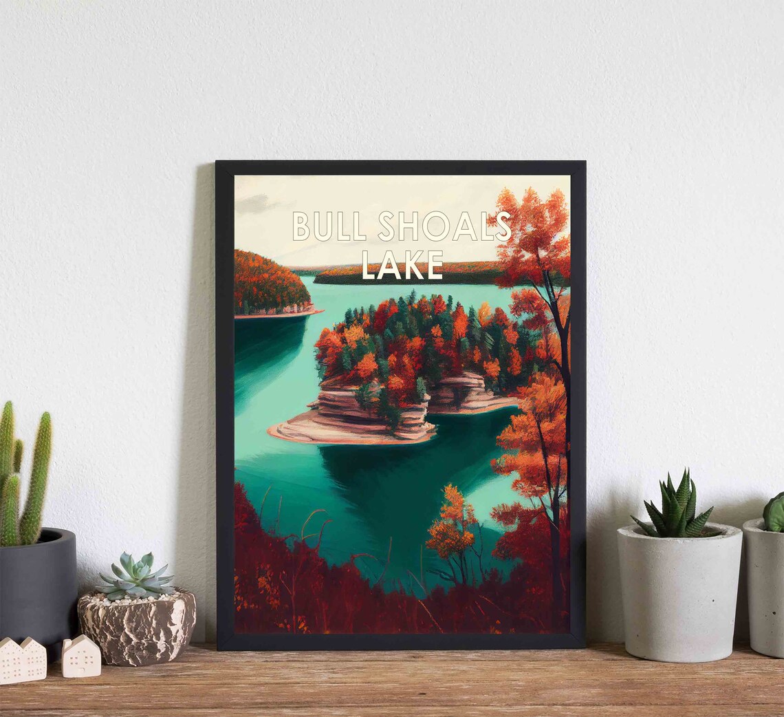 Bull Shoals Lake Retro Autumn Foliage Watercolor Landscape Poster - Image 3