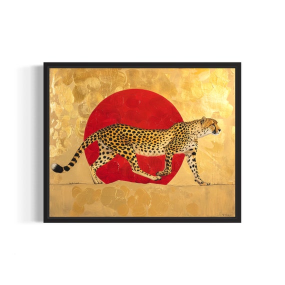Proud Cheetah Striding Before Red Sun Golden Savanna Style Poster