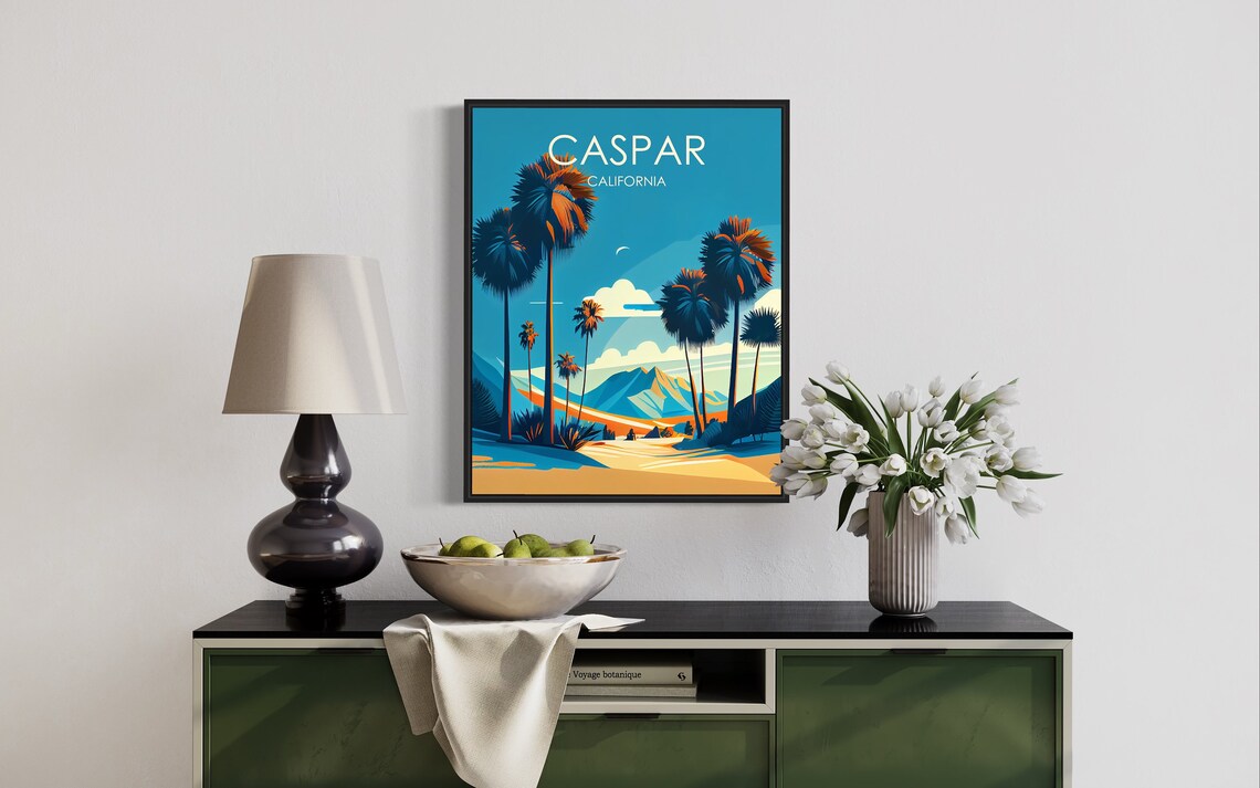 Caspar California Retro Desert Palms Against Bright Blue Sky Poster - Image 3