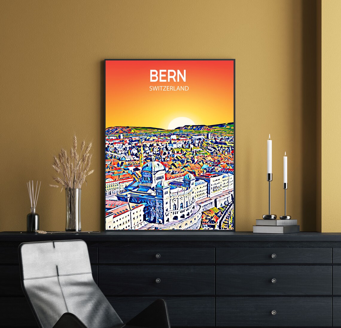 Bern Switzerland Sunset Skyline Federal Palace Dome Travel Poster - Image 2