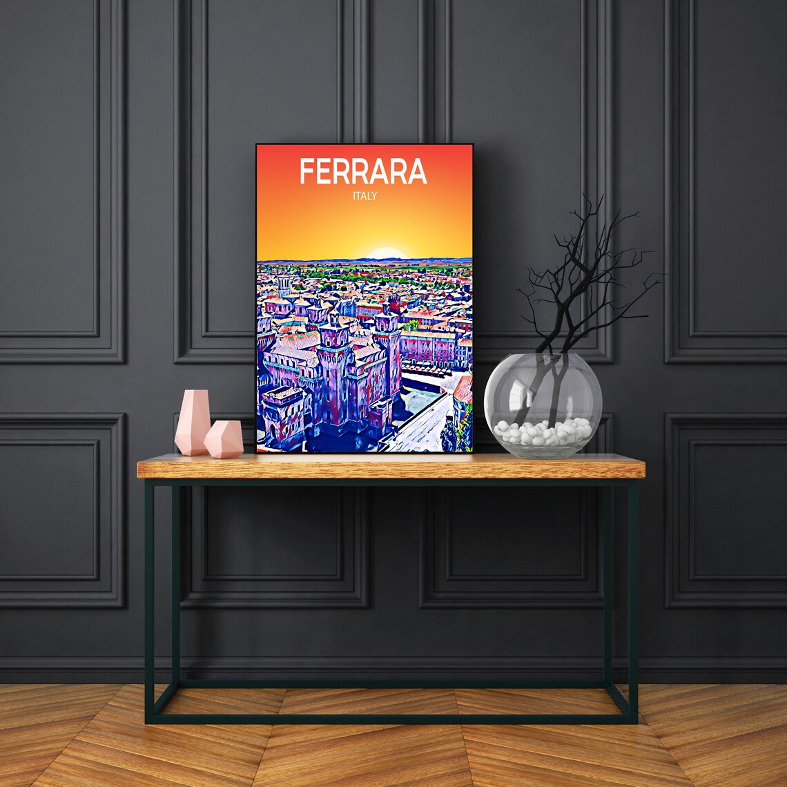 Ferrara Italy Night Skyline Moonlit Castle Sketch Art Poster - Image 3