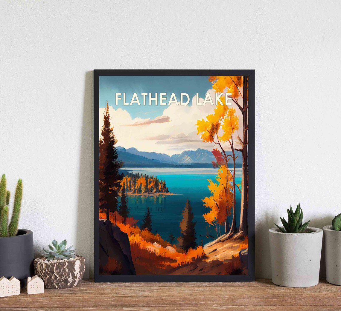 Flathead Lake Autumn Island Mountains Painterly Nature Travel Poster - Image 3