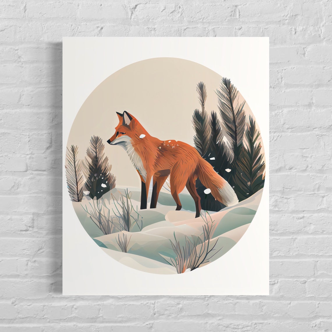 Red Fox Standing in a Snowy Pine Forest Winter Wildlife Art Poster