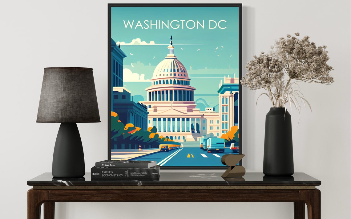 Washington DC US Capitol Dome Retro Cityscape Travel Art Poster - Image 2