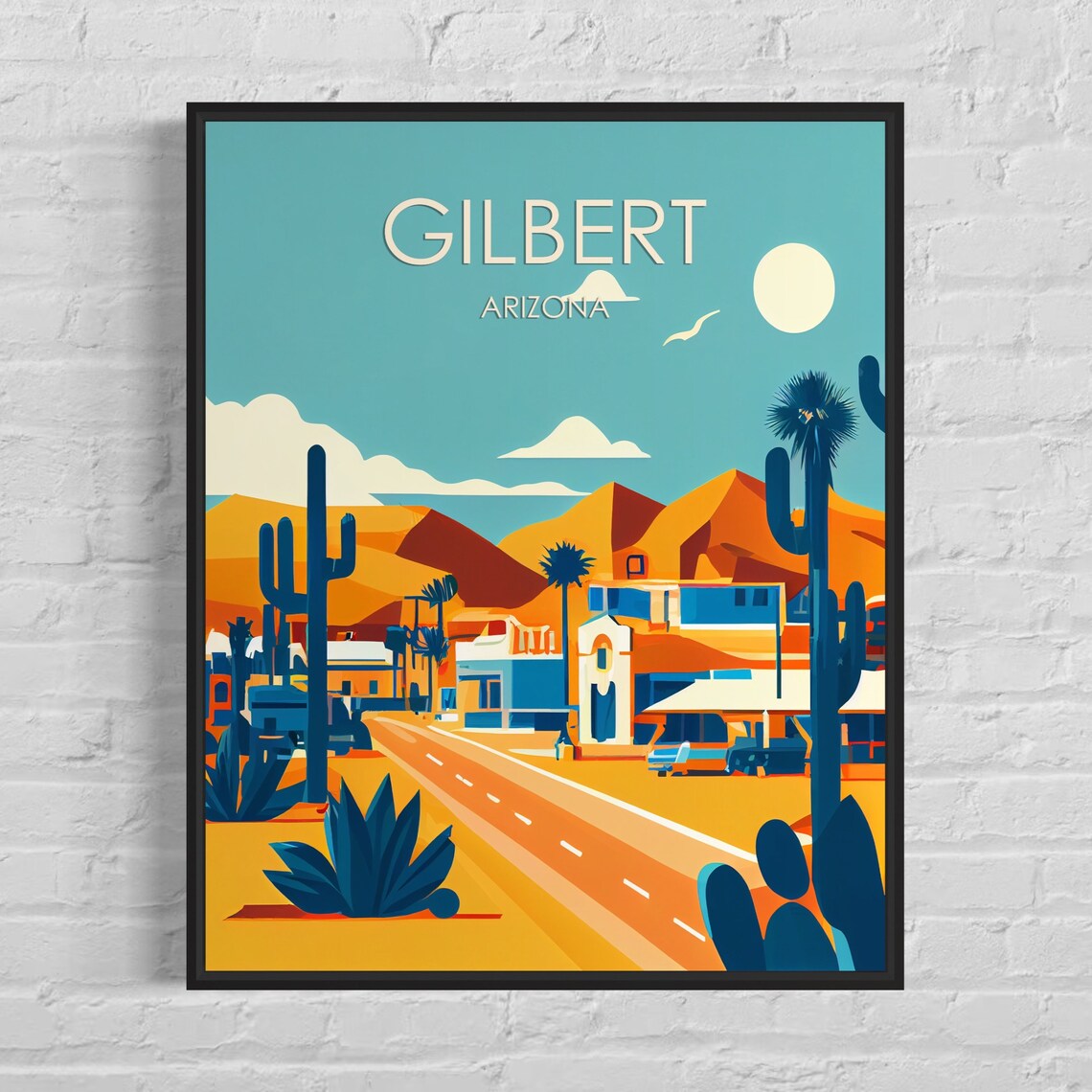 Gilbert Arizona Desert Town Poster with Saguaro Cacti and Adobe